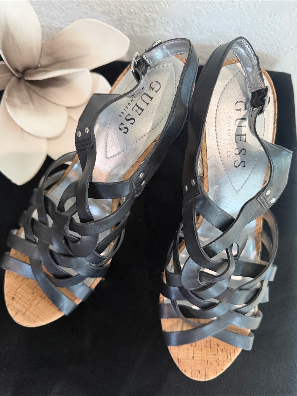 GUESS Black Strappy Cork Wedge Sandals with Braided Straps SZ 10M